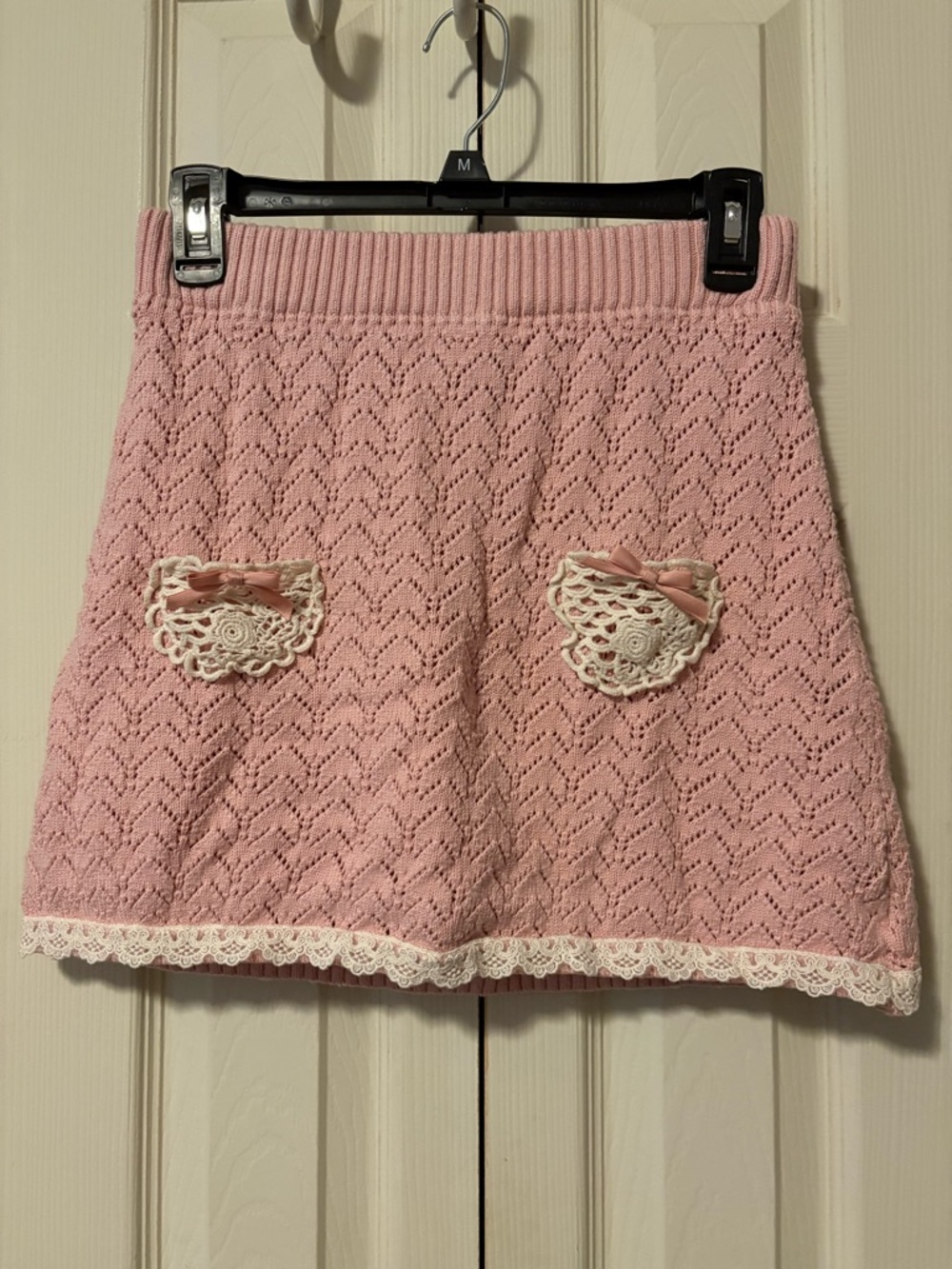 Pink Crochet Knit A-Line Skirt with Lace Pockets